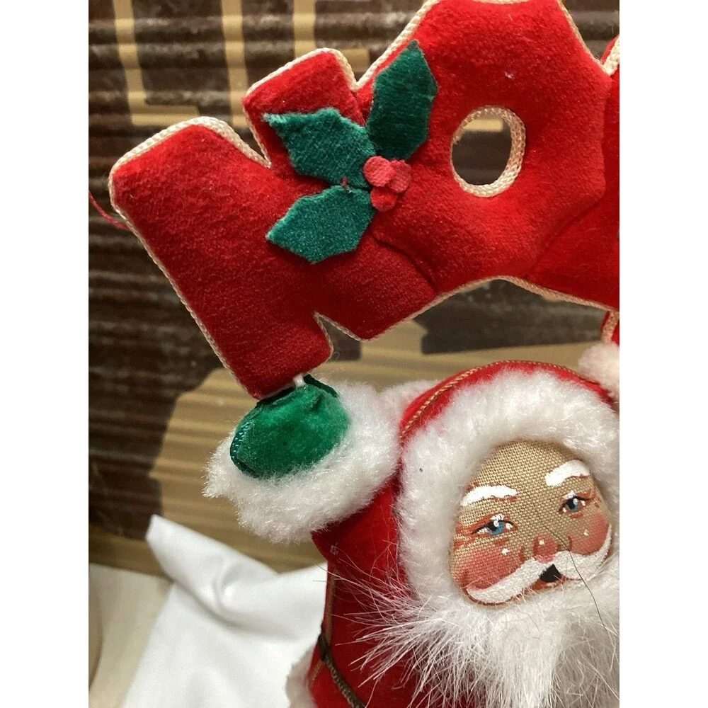 Vtg Santa Claus Red Velvet Plush Fur Xmas Hanging Tree Ornament W/ Noel Sign